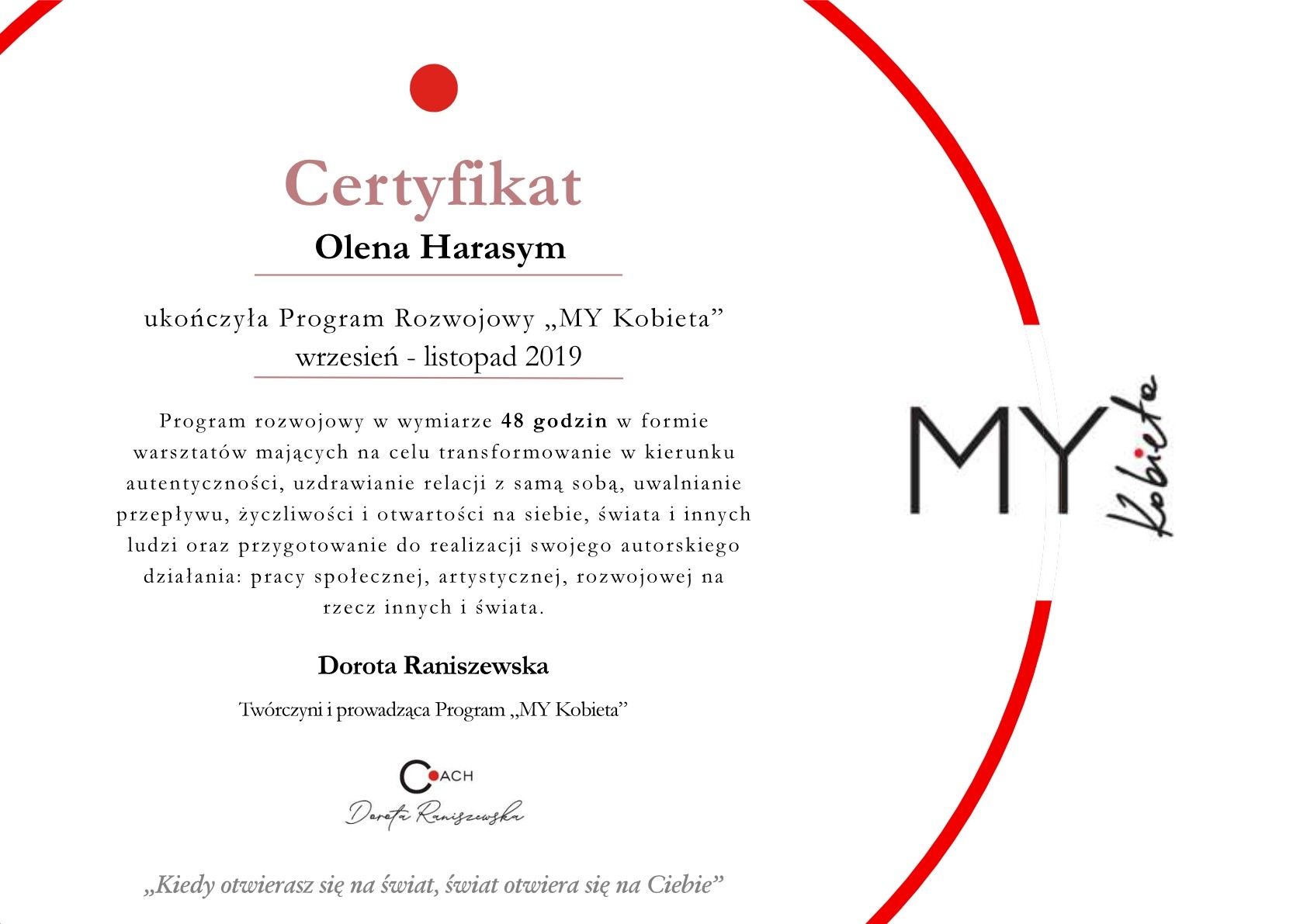 Certyfikat Programu Rozwojowego MY Kobieta Olena Harasym